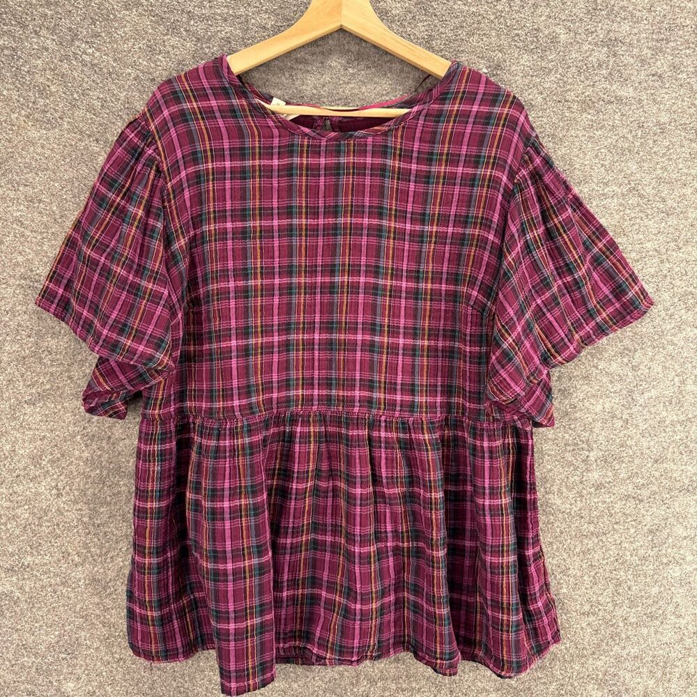 Terra & Sky Blouse Women 1X Plus Purple Plaid Short Sleeve Hook & Eye Cotton
